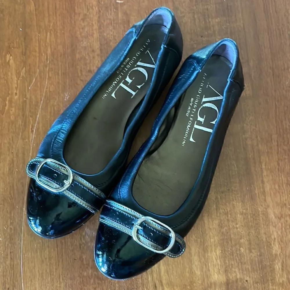 AGL Black Patent, Leather & Bronze Flats - 37